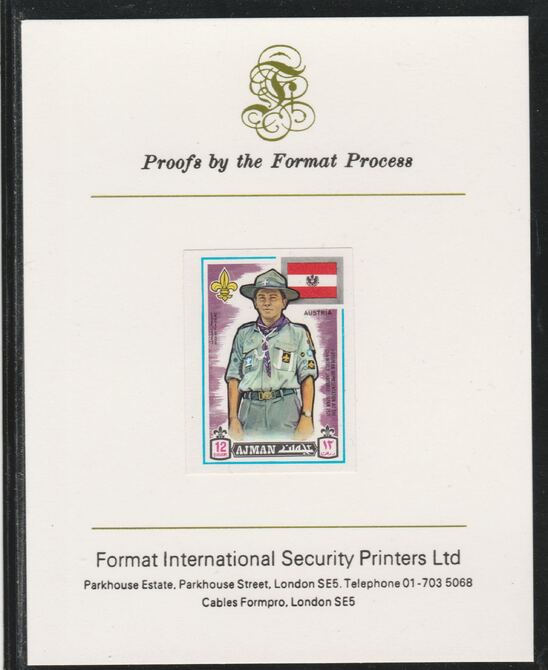 Ajman 1971 World Scouts - Great Britain 1R imperf mounted on Format International proof card as Mi 920B, stamps on scouts, stamps on flags