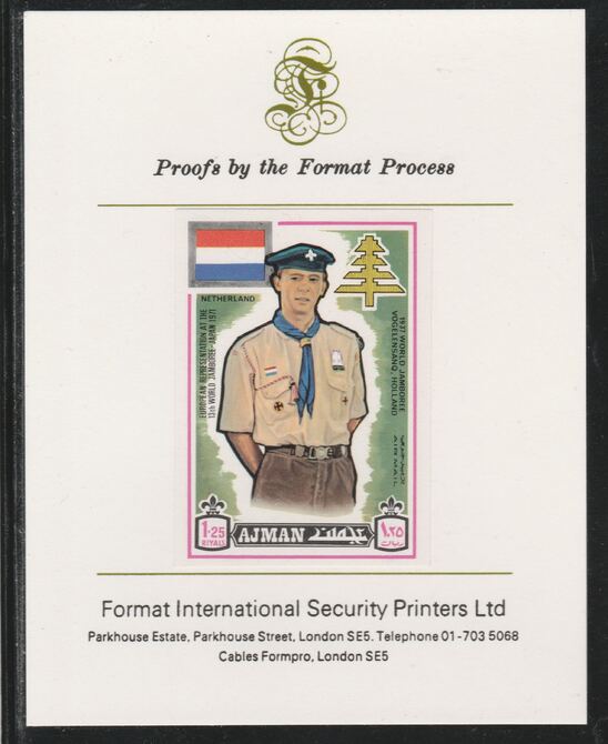 Ajman 1971 World Scouts - Netherlands 1.25R imperf mounted on Format International proof card as Mi 921B, stamps on scouts, stamps on flags
