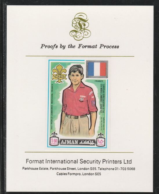 Ajman 1971 World Scouts - France 1.5R imperf mounted on Format International proof card as Mi 922B, stamps on scouts, stamps on flags