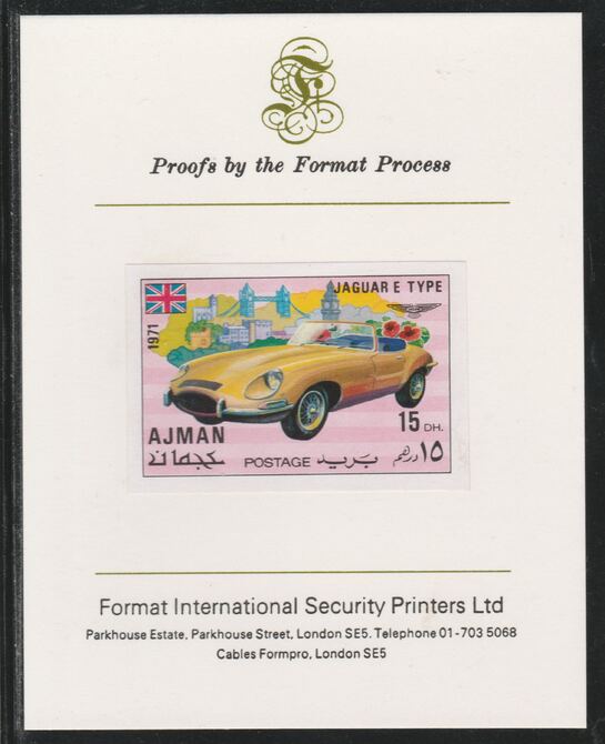 Ajman 1971 Modern Cars - Jaguar E Type 15Dh imperf mounted on Format International proof card as Mi 1170B, stamps on cars, stamps on jaguar