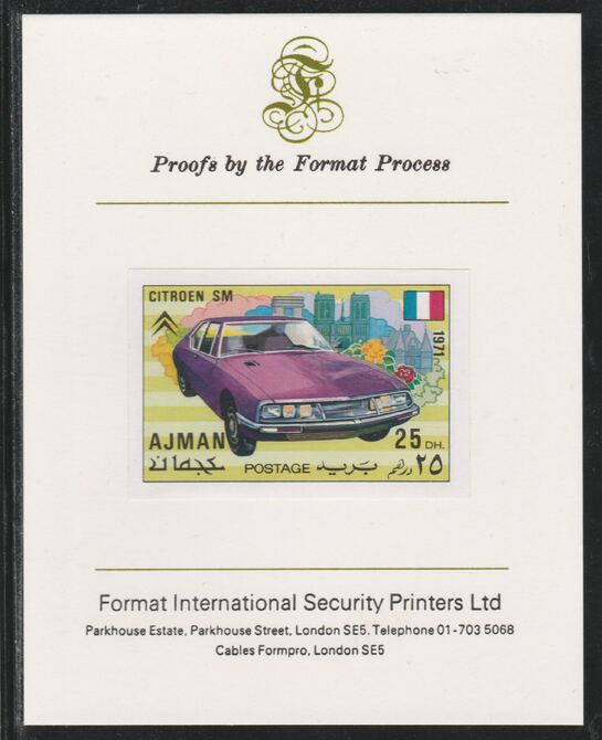 Ajman 1971 Modern Cars - Citroen 25Dh imperf mounted on Format International proof card as Mi 1171B, stamps on cars, stamps on citroen