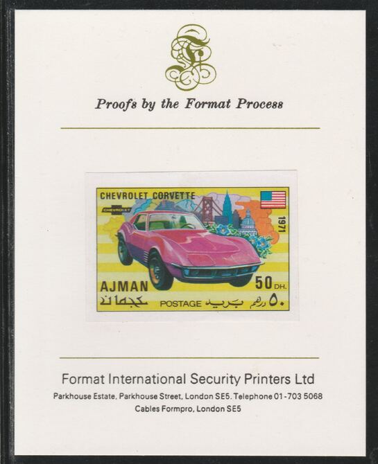 Ajman 1971 Modern Cars - Chevrolet 50Dh imperf mounted on Format International proof card as Mi 1173B, stamps on cars, stamps on chevrolet