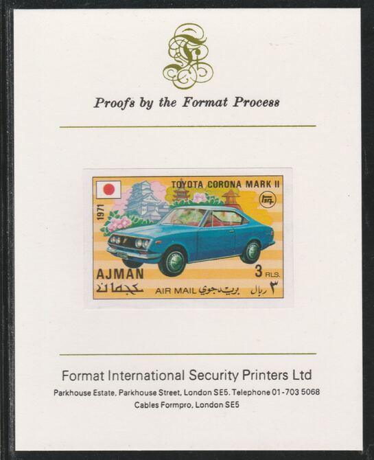 Ajman 1971 Modern Cars - Toyota 3R imperf mounted on Format International proof card as Mi 1174B, stamps on , stamps on  stamps on cars, stamps on  stamps on toyota
