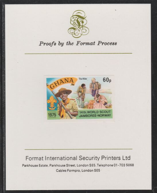 Ghana 1976 World Scout Jamboree 60p Hiking imperf mounted on Format International proof card as SG 757, stamps on scouts, stamps on hiking