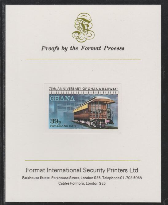 Ghana 1978 Railway Anniversary 39p Pay & Bank Car imperf mounted on Format International proof card as SG 869, stamps on railways