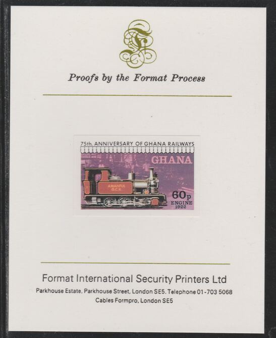 Ghana 1978 Railway Anniversary 60p Steam Locomotive imperf mounted on Format International proof card as SG 870, stamps on railways
