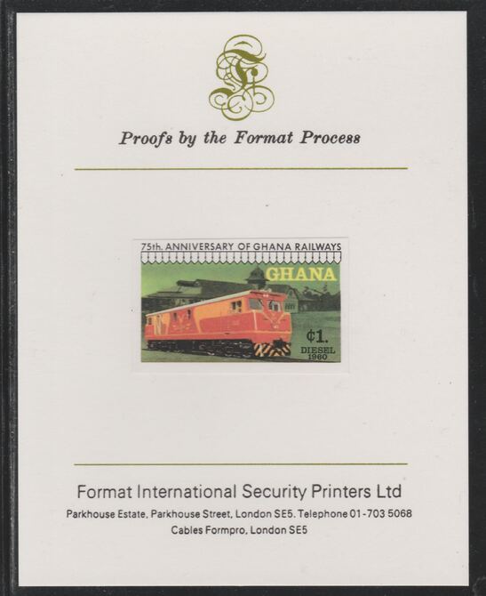 Ghana 1978 Railway Anniversary 1c Diesel-Electric Locomotive imperf mounted on Format International proof card as SG 871, stamps on railways