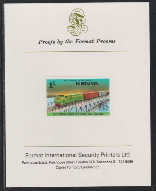 Kenya 1976 Railway Transport 1s Nile Bridge imperf mounted on Format International proof card as SG 67, stamps on railways, stamps on bridges