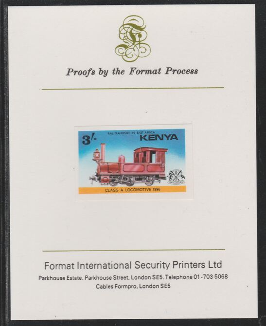Kenya 1976 Railway Transport 3s Class A Steam Loco imperf mounted on Format International proof card as SG 68, stamps on railways, stamps on 