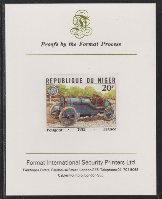 Niger Republic 1981 French Grand Prix 20f Peugeot imperf mounted on Format International proof card as SG 874, stamps on cars, stamps on  f1 , stamps on formula 1, stamps on  racing cars, stamps on 
