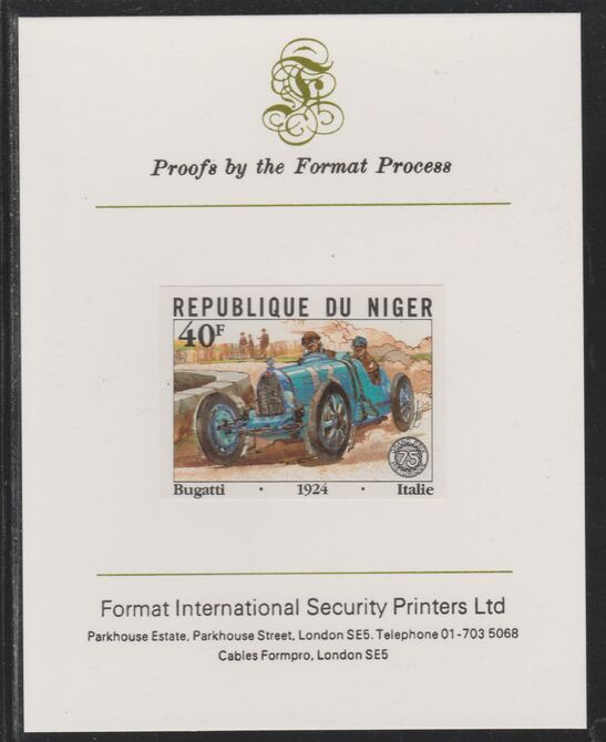 Niger Republic 1981 French Grand Prix 40f Bugatti imperf mounted on Format International proof card as SG 875, stamps on cars, stamps on  f1 , stamps on formula 1, stamps on  racing cars, stamps on 