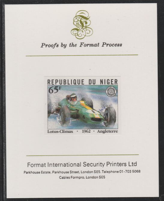 Niger Republic 1981 French Grand Prix 65f Lotus Climax imperf mounted on Format International proof card as SG 876, stamps on cars, stamps on  f1 , stamps on formula 1, stamps on  racing cars, stamps on 