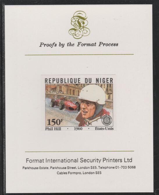 Niger Republic 1981 French Grand Prix 150f Phil Hill imperf mounted on Format International proof card as SG 878, stamps on cars, stamps on  f1 , stamps on formula 1, stamps on  racing cars, stamps on 
