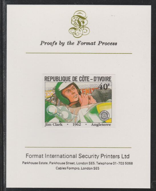 Ivory Coast 1981 French Grand Prix 40f Jim Clark imperf mounted on Format International proof card as SG 700, stamps on cars, stamps on  f1 , stamps on formula 1, stamps on  racing cars, stamps on 