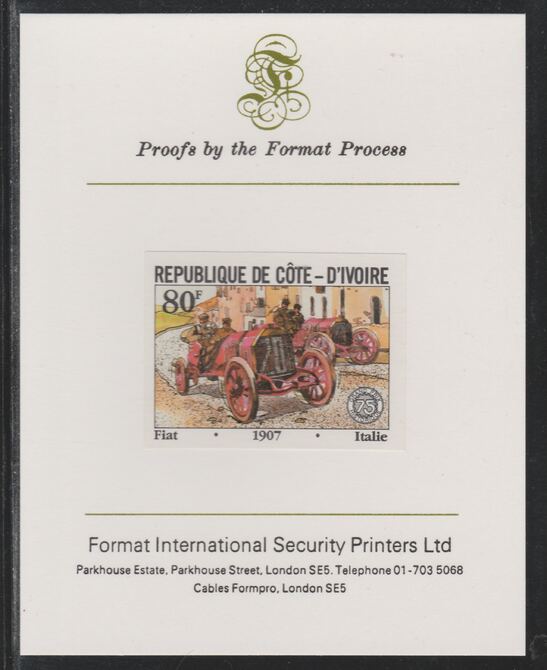 Ivory Coast 1981 French Grand Prix 80f Fiat imperf mounted on Format International proof card as SG 701, stamps on cars, stamps on  f1 , stamps on formula 1, stamps on  racing cars, stamps on 