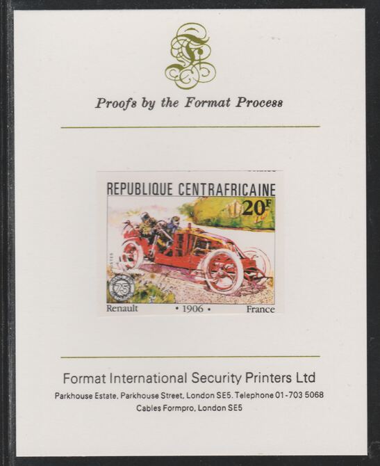 Central African Republic 1981 French Grand Prix 20f Renault imperf mounted on Format International proof card as SG 786, stamps on cars, stamps on  f1 , stamps on formula 1, stamps on  racing cars, stamps on 