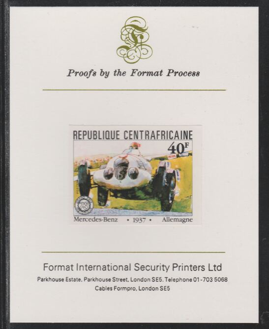 Central African Republic 1981 French Grand Prix 40f Mercedes Benz imperf mounted on Format International proof card as SG 787, stamps on cars, stamps on  f1 , stamps on formula 1, stamps on  racing cars, stamps on 