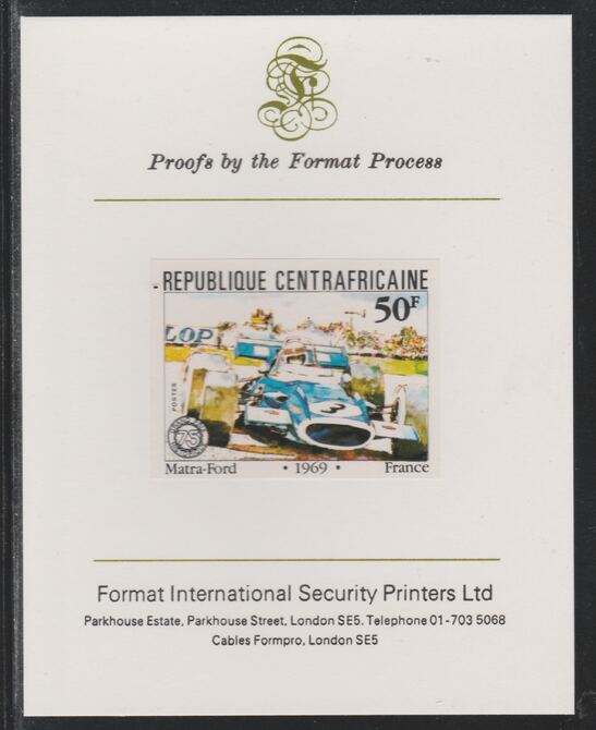 Central African Republic 1981 French Grand Prix 50f Matra Ford imperf mounted on Format International proof card as SG 788, stamps on cars, stamps on  f1 , stamps on formula 1, stamps on  racing cars, stamps on 