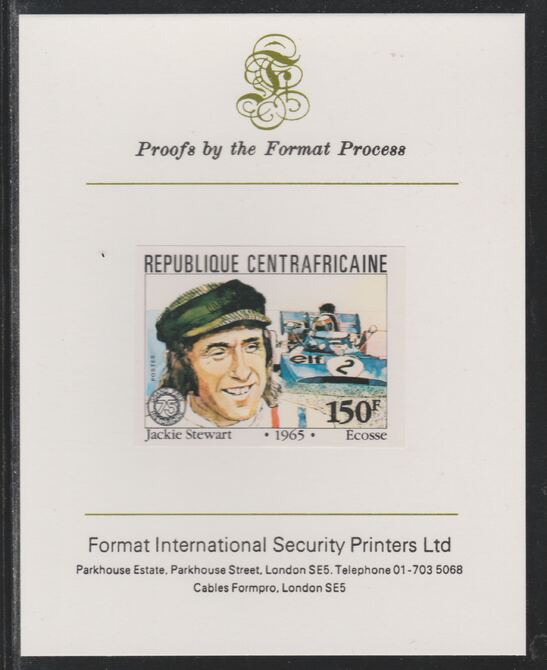 Central African Republic 1981 French Grand Prix 150f Jackie Stewart imperf mounted on Format International proof card as SG 790, stamps on cars, stamps on  f1 , stamps on formula 1, stamps on  racing cars, stamps on 