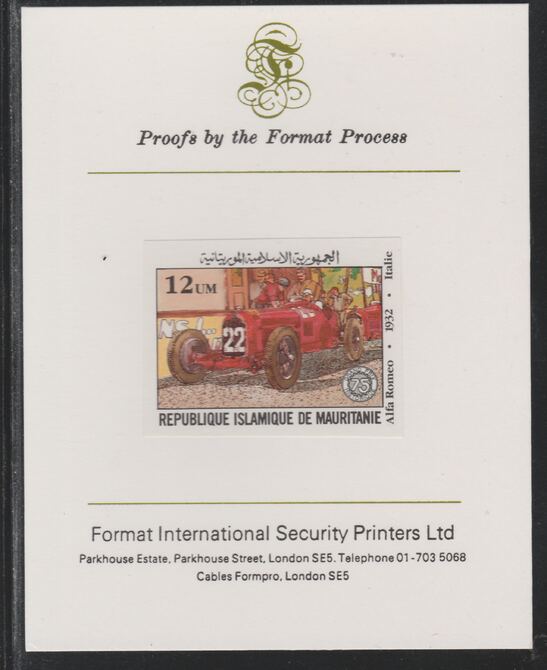 Mauritania 1982 French Grand Prix 12um Alfa Romeo imperf mounted on Format International proof card as SG 725, stamps on cars, stamps on  f1 , stamps on formula 1, stamps on  racing cars, stamps on 