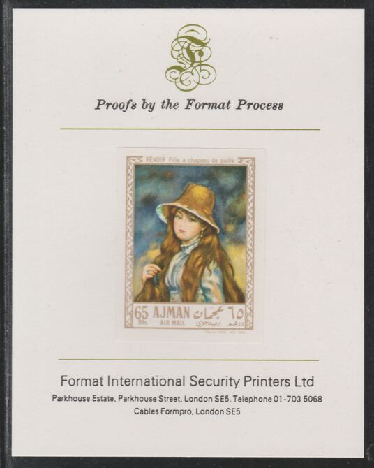Ajman 1967 Paintings - Girl with a Straw Hat by Renoir imperf mounted on Format International proof card as Michel 210B, stamps on arts, stamps on renoir