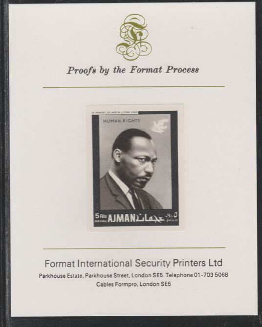 Ajman 1968 Human Rights - Martin Luther King 5R imperf mounted on Format International proof card as Michel 295B, stamps on luther king, stamps on human rights