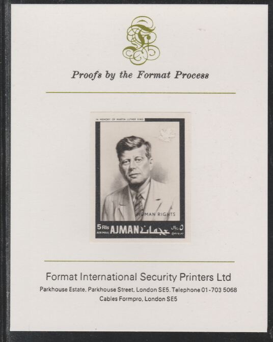 Ajman 1968 Human Rights - John F Kennedy 5R imperf mounted on Format International proof card as Michel 296B, stamps on kennedy, stamps on human rights, stamps on us presidents