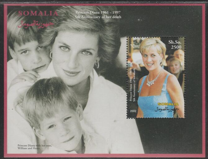 Somalia 2002 Princess Diana 5th Anniversary of Death perf souvenir sheet #2 unmounted mint.. Note this item is privately produced and is offered purely on its thematic appeal, stamps on , stamps on  stamps on royalty, stamps on  stamps on diana