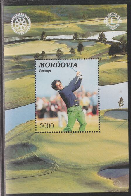 Mordovia Republic 1997 Golf (with Rotary & Lions Logos) perf souvenir sheet unmounted mint.. Note this item is privately produced and is offered purely on its thematic appeal, stamps on golf, stamps on rotary, stamps on lions int