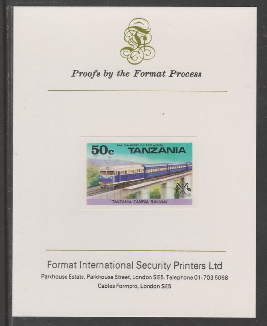 Tanzania 1976 Railway Transport 50c Diesel Train imperf mounted on Format International proof card as SG 187, stamps on railways