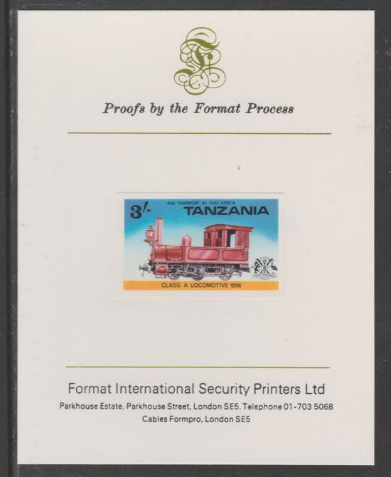 Tanzania 1976 Railway Transport 3s Class A Steam Loco imperf mounted on Format International proof card as SG 190, stamps on railways, stamps on 