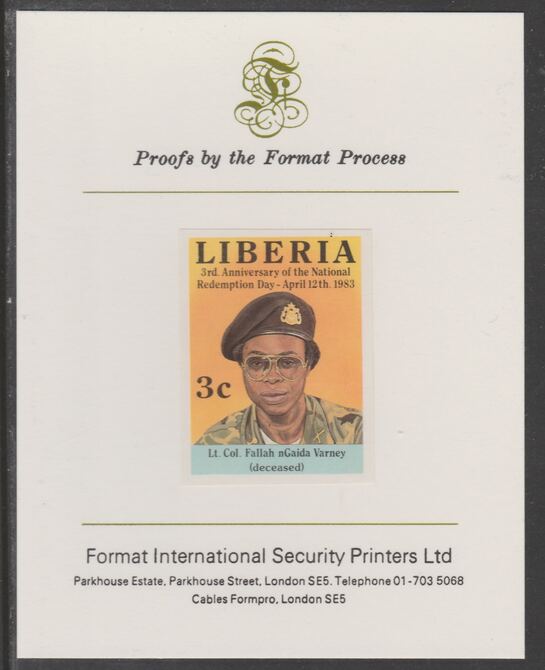 Liberia 1983 Third Anniversary 3c Col Fallah Gaida Varney imperf proof mounted on Format International proof card, as SG1548, stamps on militaria