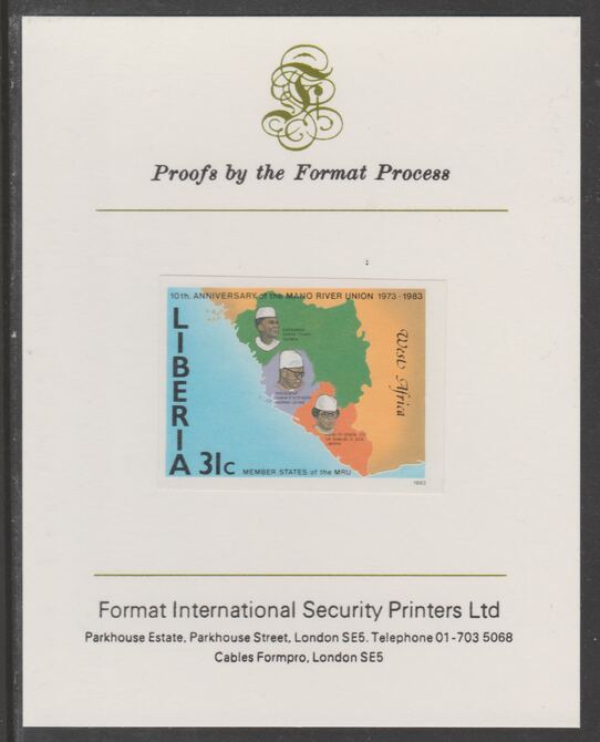Liberia 1984 Tenth Anniversary of Mano River Union 31c imperf proof mounted on Format International proof card, as SG 1566, stamps on , stamps on  stamps on maps