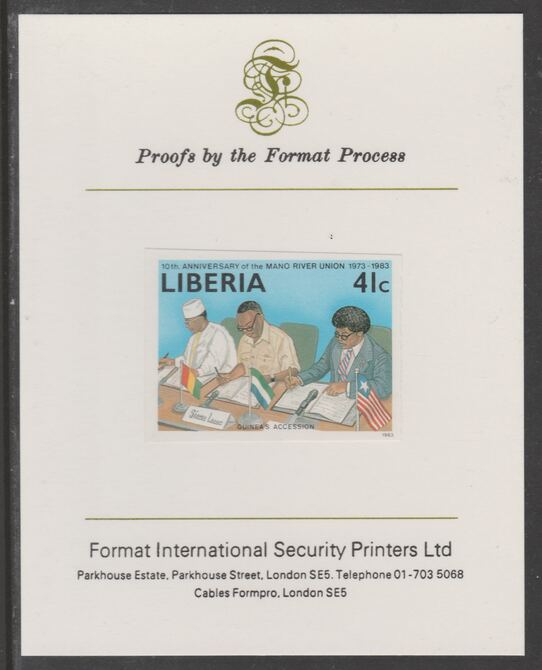 Liberia 1984 Tenth Anniversary of Mano River Union 41c imperf proof mounted on Format International proof card, as SG 1567, stamps on education