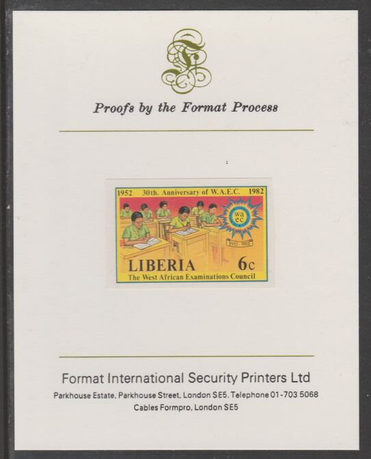 Liberia 1982 30th Anniversary of West African Examination Council 6c imperf proof mounted on Format International proof card, as SG 1517, stamps on education