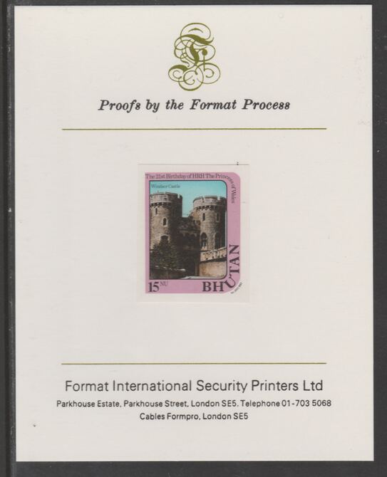 Bhutan 1982 Princess Dianas 21st Birthday 15n imperf proof mounted on Format International proof card, as SG 457, stamps on royalty, stamps on diana, stamps on castles