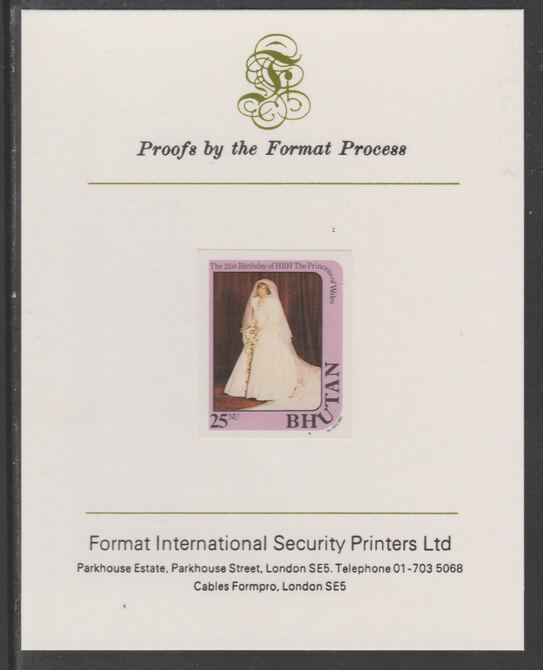 Bhutan 1982 Princess Dianas 21st Birthday 25n imperf proof mounted on Format International proof card, as SG 458, stamps on royalty, stamps on diana, stamps on 