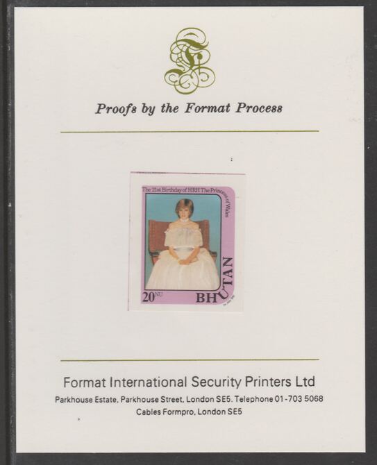 Bhutan 1982 Princess Dianas 21st Birthday 20n  (ex m/sheet) imperf proof mounted on Format International proof card, as SG MS459, stamps on royalty, stamps on diana, stamps on 