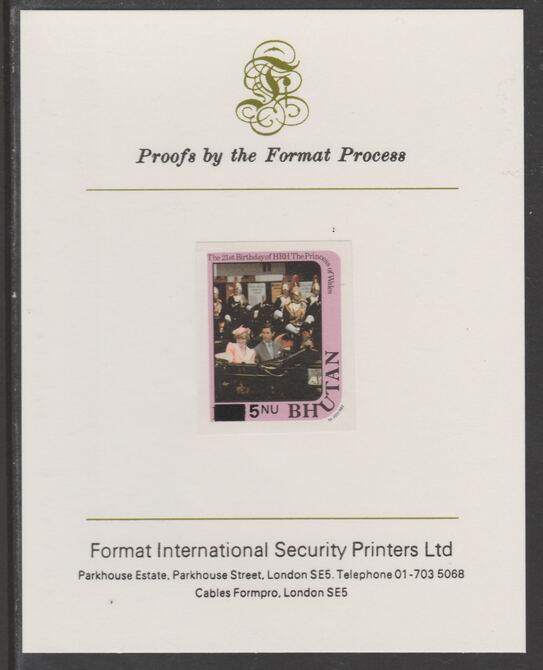 Bhutan 1984 Surcharged on Princess Dianas 21st Birthday 5n on 10n imperf proof mounted on Format International proof card, as SG 579, stamps on royalty, stamps on diana