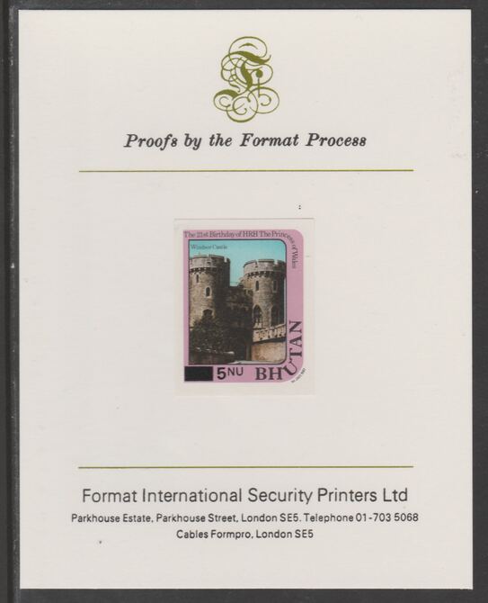 Bhutan 1984 Surcharged on Princess Dianas 21st Birthday 5n on 15n imperf proof mounted on Format International proof card, as SG 580, stamps on royalty, stamps on diana, stamps on castles