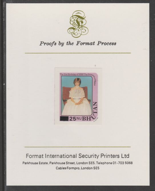 Bhutan 1984 Surcharged on Princess Dianas 21st Birthday 25n on 20n  (ex m/sheet) imperf proof mounted on Format International proof card, as SG MS582, stamps on royalty, stamps on diana, stamps on 