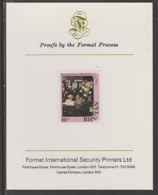 Bhutan 1982 Royal Baby overprint on Princess Diana's 21st Birthday 10n imperf proof mounted on Format International proof card, as SG 476, stamps on royalty, stamps on diana, stamps on william