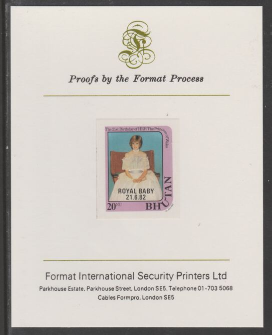 Bhutan 1982 Royal Baby overprint on Princess Dianas 21st Birthday 20n,(ex m/sheet) imperf proof mounted on Format International proof card, as SG MS479, stamps on royalty, stamps on diana, stamps on william