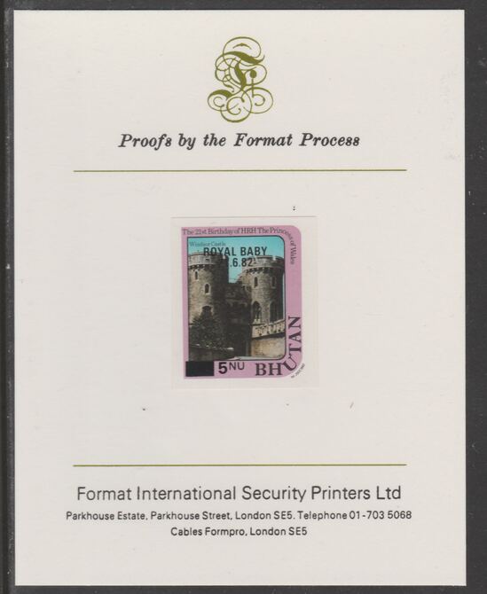 Bhutan 1984 Surcharged on Royal Baby on 21st Birthday 5n on 15n imperf proof mounted on Format International proof card, as SG 585, stamps on royalty, stamps on diana, stamps on william, stamps on castles