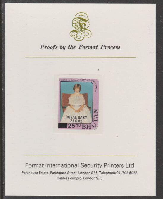 Bhutan 1984 Surcharged on Royal Baby on 21st Birthday 25n on 20n (ex m/sheet) imperf proof mounted on Format International proof card, as SG MS587, stamps on royalty, stamps on diana, stamps on william, stamps on 