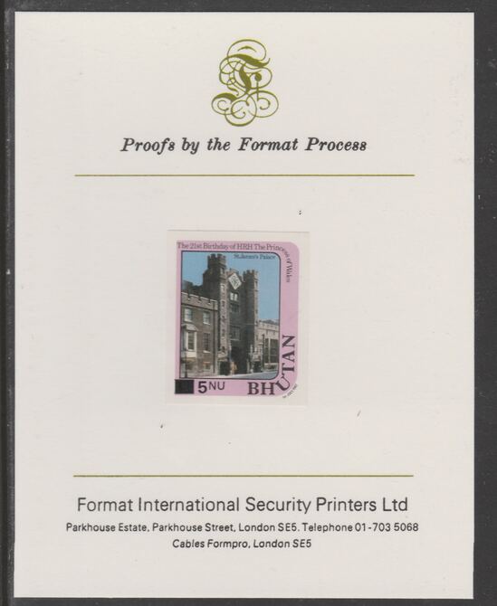 Bhutan 1984 Surcharged on Princess Diana's 21st Birthday 5n on 1n imperf proof mounted on Format International proof card, as SG 578, stamps on royalty, stamps on diana