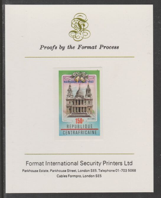 Central African Republic 1982 Birth of Prince William opt on Royal Wedding 150f imperf proof mounted on Format International proof card, as SG 866, stamps on royalty, stamps on diana, stamps on william