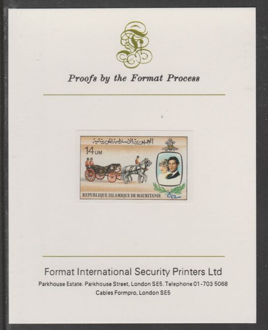 Mauritania 1981 Royal Wedding 14um imperf proof mounted on Format International proof card, as SG 701, stamps on royalty, stamps on diana, stamps on 