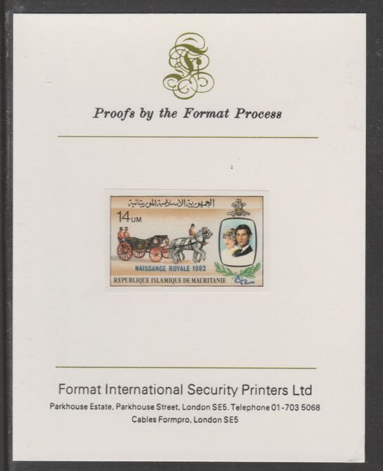 Mauritania 1982 Birth of Prince William opt on Royal Wedding 14um imperf proof mounted on Format International proof card, as SG 739, stamps on royalty, stamps on diana, stamps on william