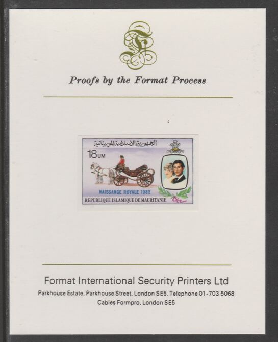 Mauritania 1982 Birth of Prince William opt on Royal Wedding 18um imperf proof mounted on Format International proof card, as SG 740, stamps on royalty, stamps on diana, stamps on william
